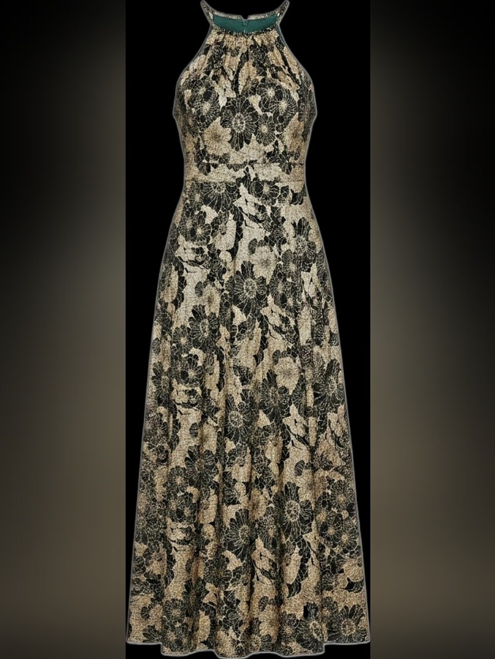 Betsy & Adam Metallic Gold And Emerald Floral Halter A-Line Gown Size 14 NWT - Picture 2 of 12